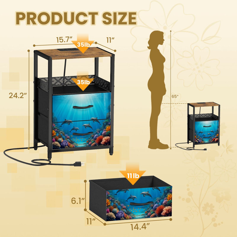 Table de chevet 2 tiroirs en tissu avec station de charge Blue Beach Ocean Dolphin Underwater World Coral Fish