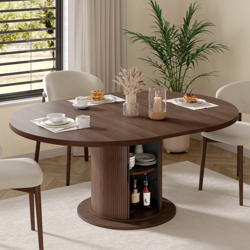 47”-63” Extendable Round Dining Table For 4-8, Oval Kitchen Dining Room Table With Storage, Mid Century Modern Pedestal Dinner Table, Walnut Brown