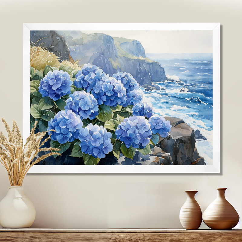 Hydrangées au bord de la mer, falaise I - hydrangées, impressions sur toile, H 30 po x l 40 po, Blanc