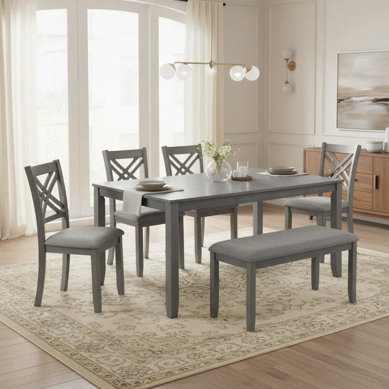Ensemble de table de salle à manger 6 pièces, chaises en bois à dossier en X, banc rembourré, ferme moderne, salle à manger