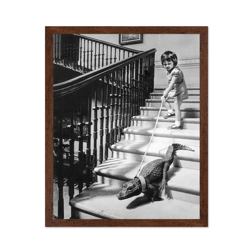 Petite fille et alligator, 11"H x 14"W, Poster, Brown Framed
