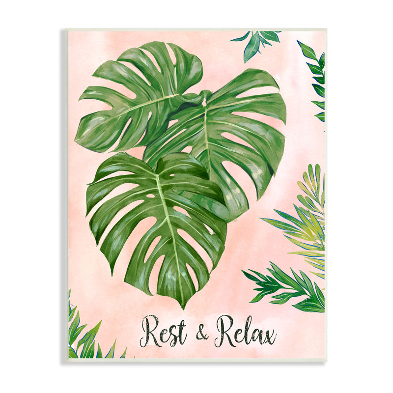 «Rest & Relax», feuilles de plantes tropicales roses de Monstera par Ziwei Li - impression, Plaque murale, L 10 po x H 15 po
