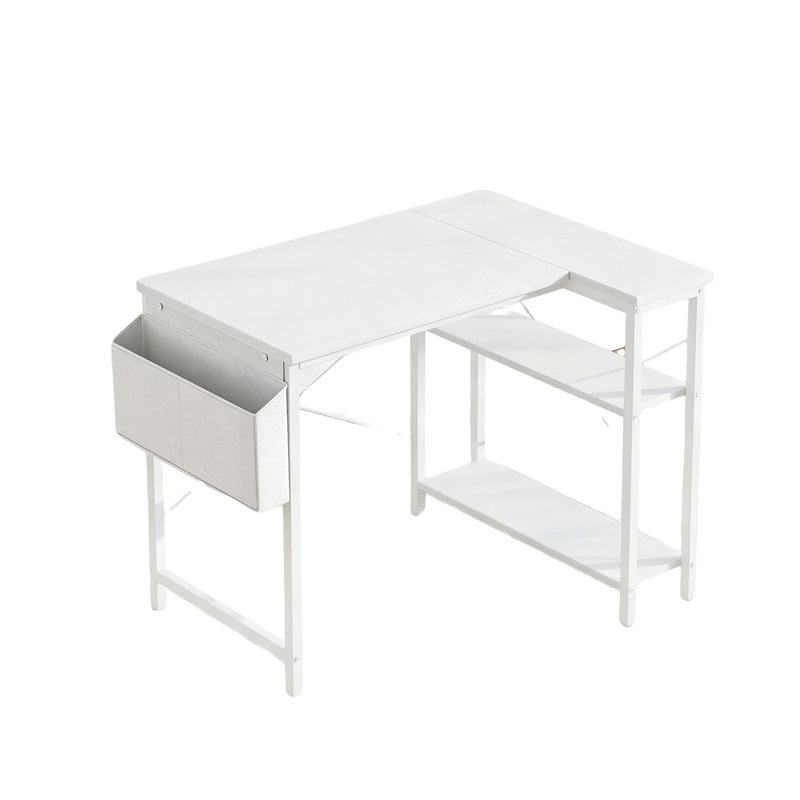 L Shaped 100 x 70 cm Computer Desk Small Writing Table, Large Reversible Storage Shelves Grey, White