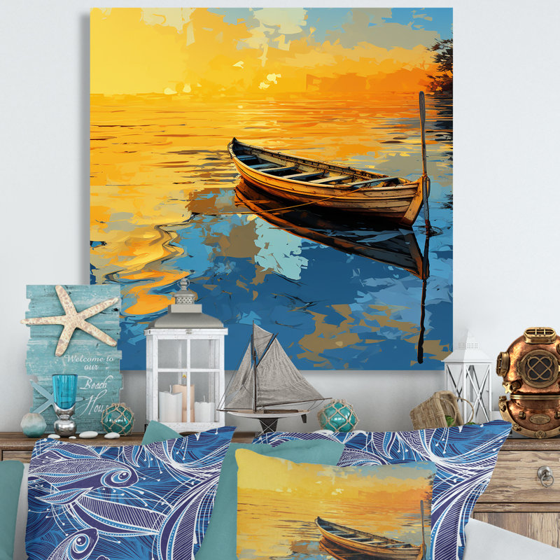Bateau jaune et bleu au bord du lac - Bateau côtier, art mural, Toile tendue, H 16 po x l 16 po x P 1 po