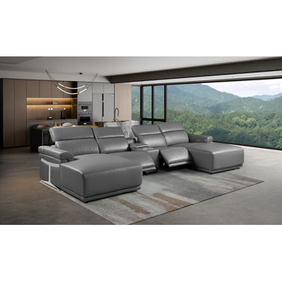 Canapé modulaire en forme de U gris foncé 5 pièces en cuir italien avec 2 fauteuils inclinables électriques et appuis-tête réglables
