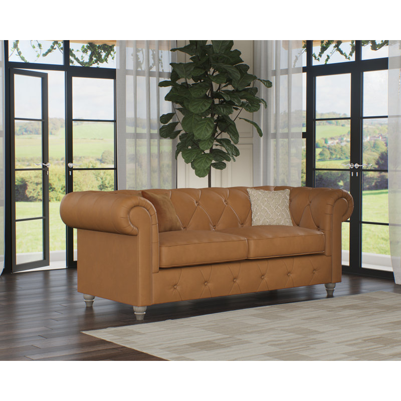 Melrose 3 Seater Leather Sofa, Saddle, Washed Oak