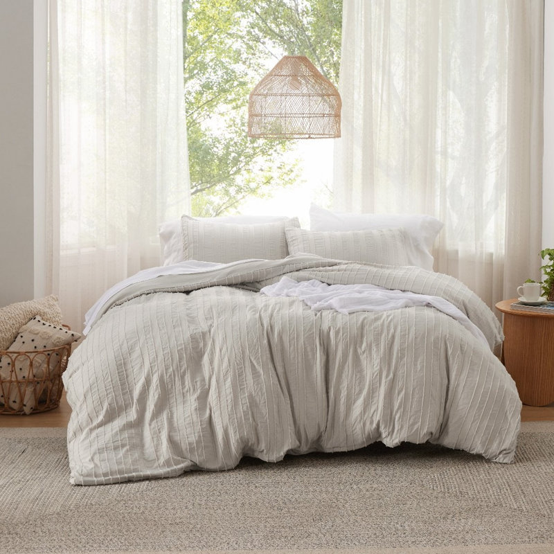  Housse de couette touffetée à rayures Shabby Chic GentleSoft ™, Housse de couette pour lit simple + 1 taie d'oreil, Beige