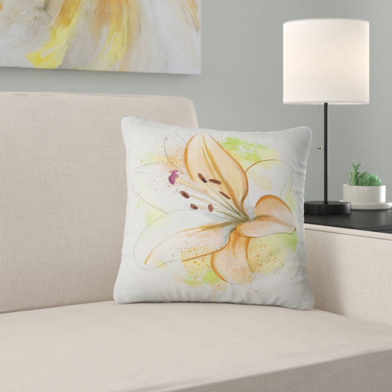 Jolie fleur jaune avec éclaboussures vertes - coussin à imprimé floral, 18 po x 18 po, Coussin décoratif