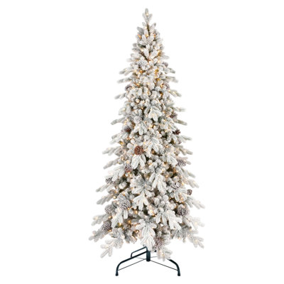Arbre de Noël 8 pi en PE / PVC avec 1000 lumières DEL chaudes, 1634 pointes, 44 pommes de pin, effet enneigé, branches articulées, base en métal