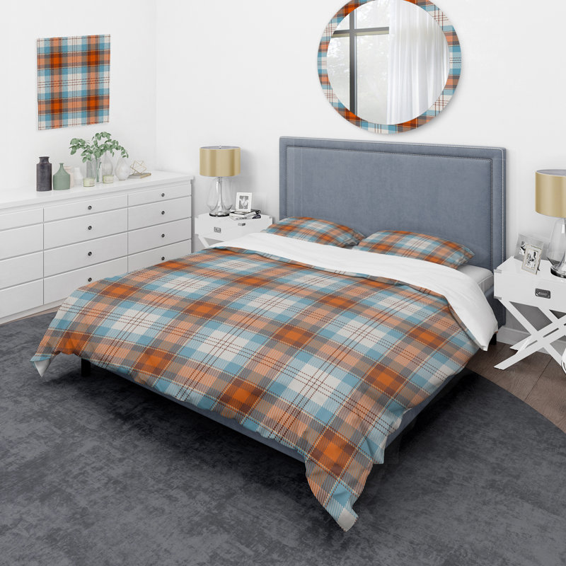 Tartan à carreaux bleu et brun - Ensemble de housse de couette abstrait - Microfibre de polyester