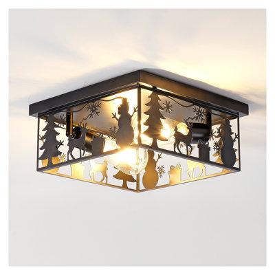Rustic Farmhouse Flush Mount Ceiling Light with Deer and Bear Motifs, 2-Light Square Iron Fixture for Kitchen, Bedroom, Foyer, and Lodge