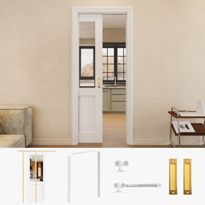 Porte de placard à porte coulissante en miroir 32 "x 80" avec quincaillerie dorée et cadre de porte blanc