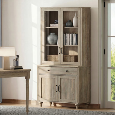 Corretta 72"H X 34"W Bookcase With Glass Doors, Bookshelf With Ample Storage Cabinet, Farmhouse Library Wooden Bookshelves For Living Room, Office, Kitchen, Wash Grey