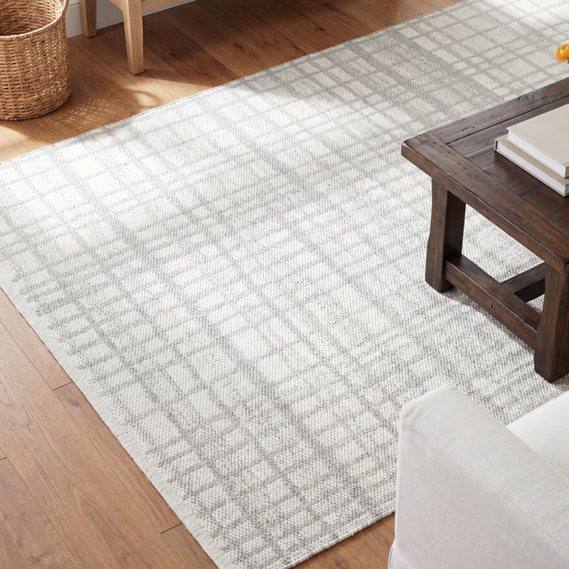 Lavande Plaid Wool Area Rug in Gray, Rectangle 8' x 10'