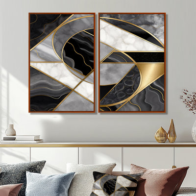 Marble Granite Agate With Touches Of Gold XV - Gray Art Prints On Canvas 2-Panels