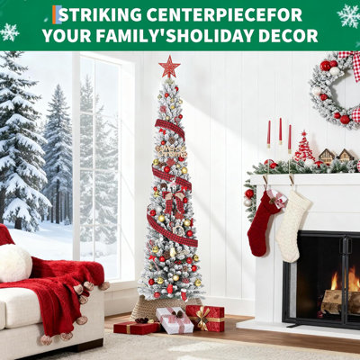 Pre-Lit Snow Flocked Artificial Christmas Tree with 250 Warm White LED Lights, Slim Pencil Tree for Small Spaces, Apartments, Office, Holiday Home Decor