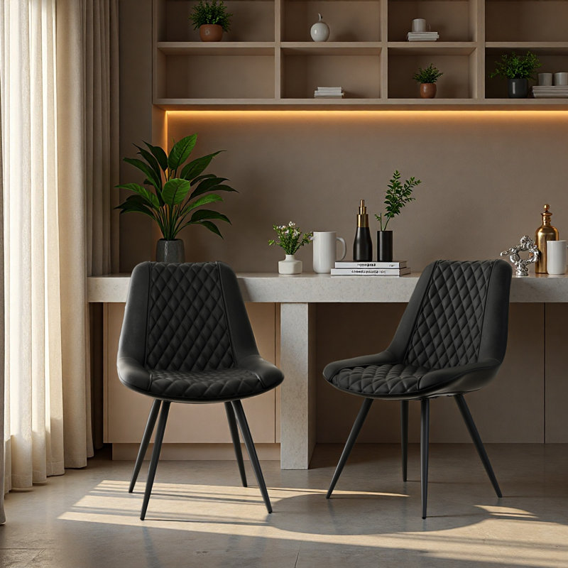 Ensemble de 2 chaises de salle à manger en cuir polyuréthane noir - Conception ergonomique à point diamant avec structure en fer