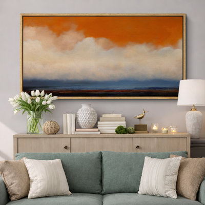 Orange and Blue Horizon Cloudscape Large Framed Canvas Print Wall Art - Modern Abstract Sky Decor