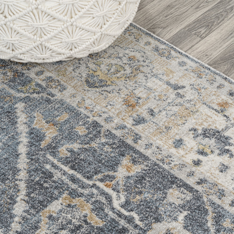Brandy Rustic Border Low-Pile Machine-Washable Dark Gray/Cream Rug, Runner 2' x 7'10"