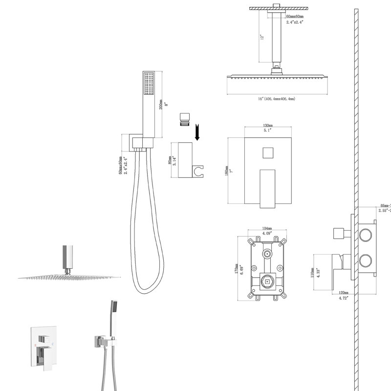 Ensemble de pomme de douche - Plafonnier double carré de 16 pouces avec soupape équilibrée, pluie et installation à la main facile à installer pour éliminer la graisse