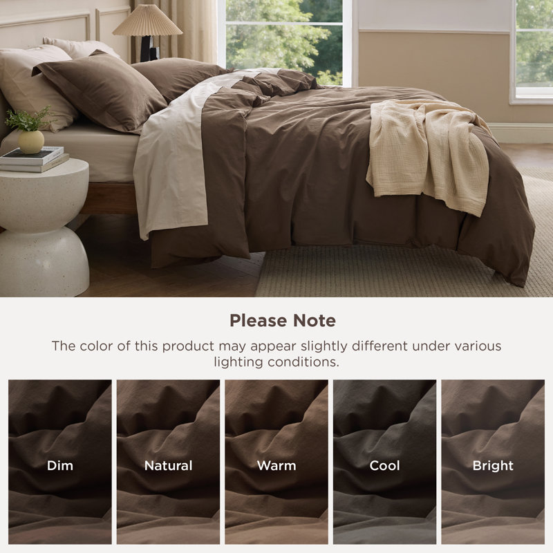 Bedsure 100% Washed Cotton Duvet Cover Queen Set - Minimalist Cotton Beding Set For All Season（set of 3）, Brown