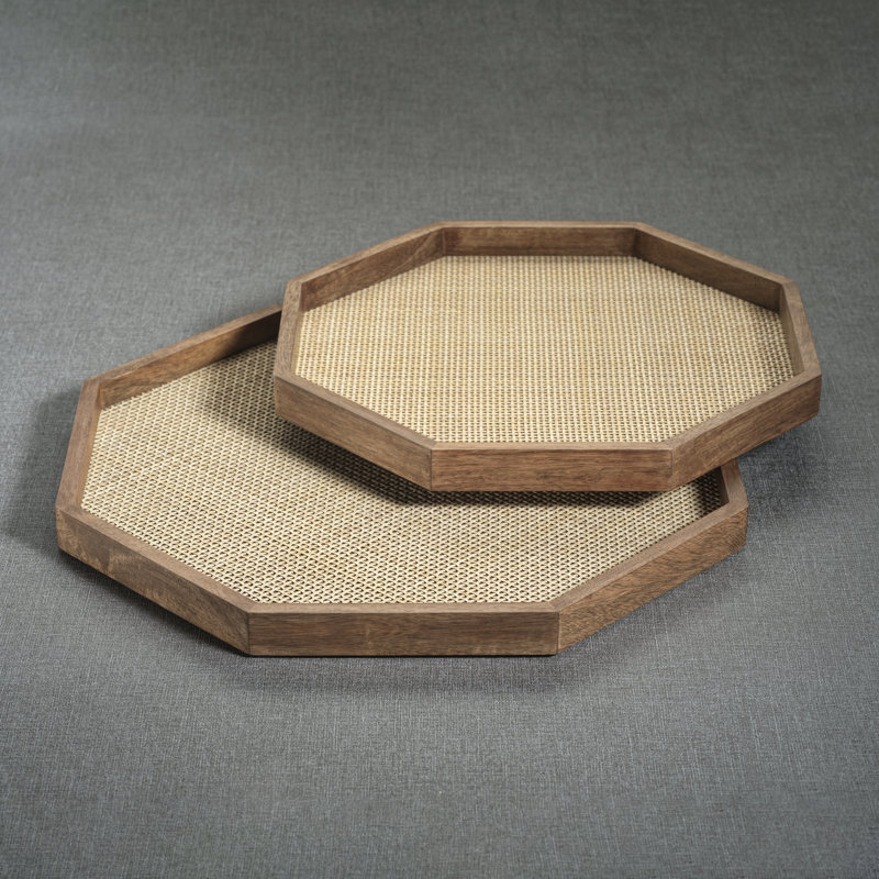 Conferina Mango Wood w/ Rattan Inlay Octagonal Tray, 1.25" H x 15" W x 15" D