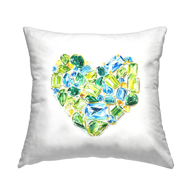 Green & Blue Jewel Heart Printed Throw Pillow Design By Enya Todd