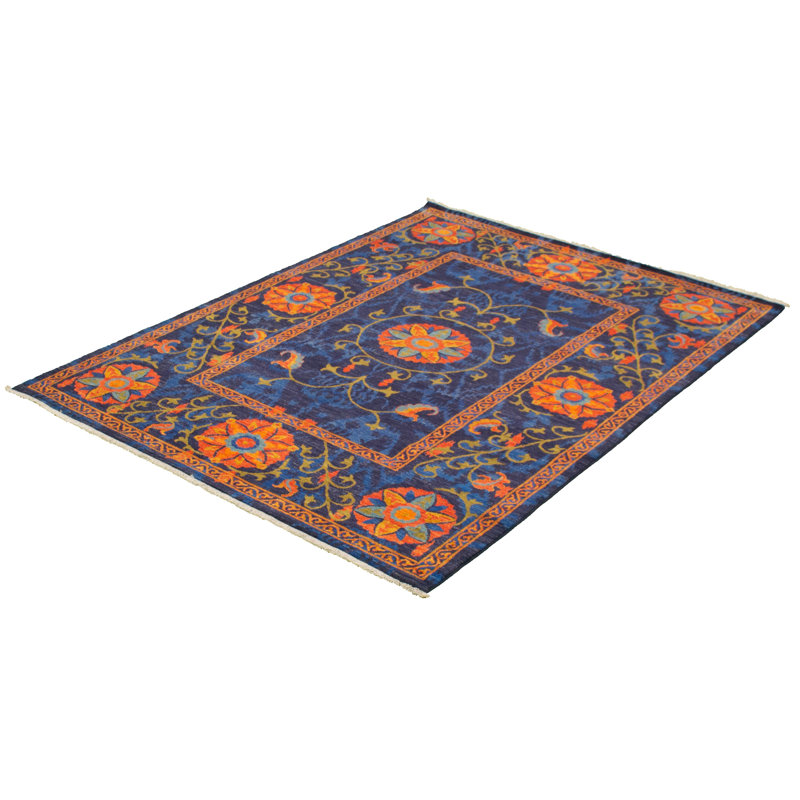 Tapis bleu marine / orange en laine noué à la main Lahore Finest, Rectangle 6 pi x 9 pi 2 po