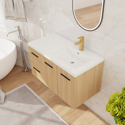 36'' Single Floating Bathroom Vanity with Resin Basin Sink Top, Wall Mounted Bathroom Vanity with 2 Doors and 2 Drawers