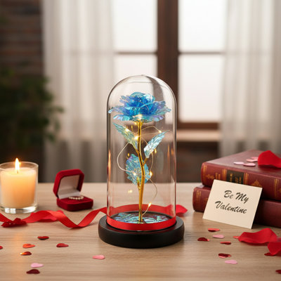 Couvert en verre borosilicaté avec base en bois, rose éternelle avec lumière dorée Eternal Beauty, fleur artificielle réaliste pour la Saint-Valentin