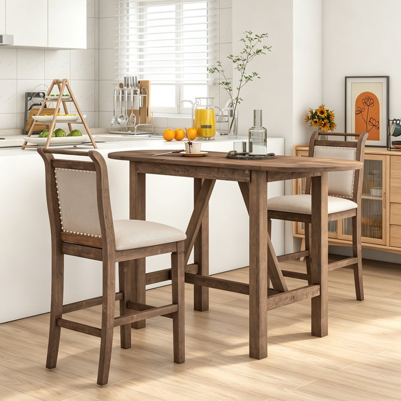 Ensemble de table de salle à manger à hauteur de comptoir en bois 3 pièces avec 2 chaises rembourrées pour petit espace, brun