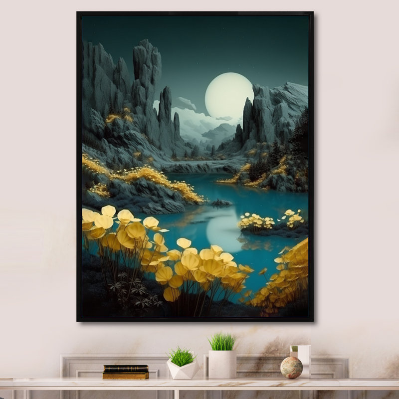 " Moon Through Mountain Peaks I ", 32" H x 24" W x 1" D, Black Floater Framed