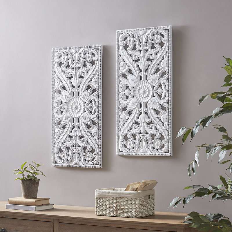 Décoration murale en bois 2 - Lotus vieilli, fini blanc délavé, décoration intérieure, mat, intérieur blanc délavé