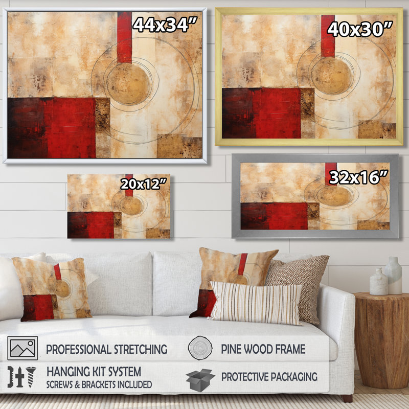 «Cubist Red Colorfields Collage - Abstract Collages», art mural, H 12 po x l 20 po x P 1 po, Toile avec cadre flottant noir