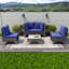 Ensemble de conversation 5 pièces en osier, canapé modulaire d'extérieur Boho avec coussins épais résistants à l'eau et table basse, brun / bleu