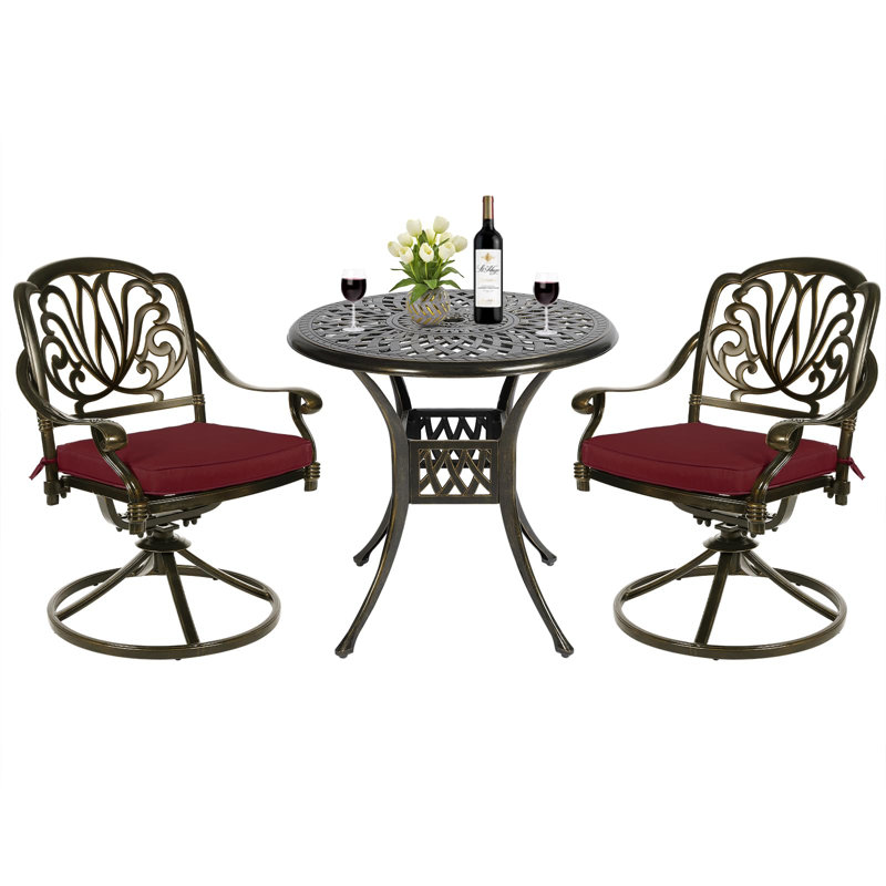 2 - Person Patio Dining Set with Round Table , Cushions Included, Chili Red