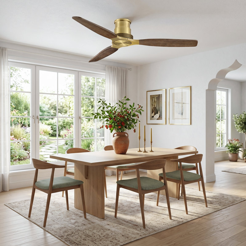 56" Solid Wood 3-Blade Flush Mount Ceiling Fan with Remote No Light