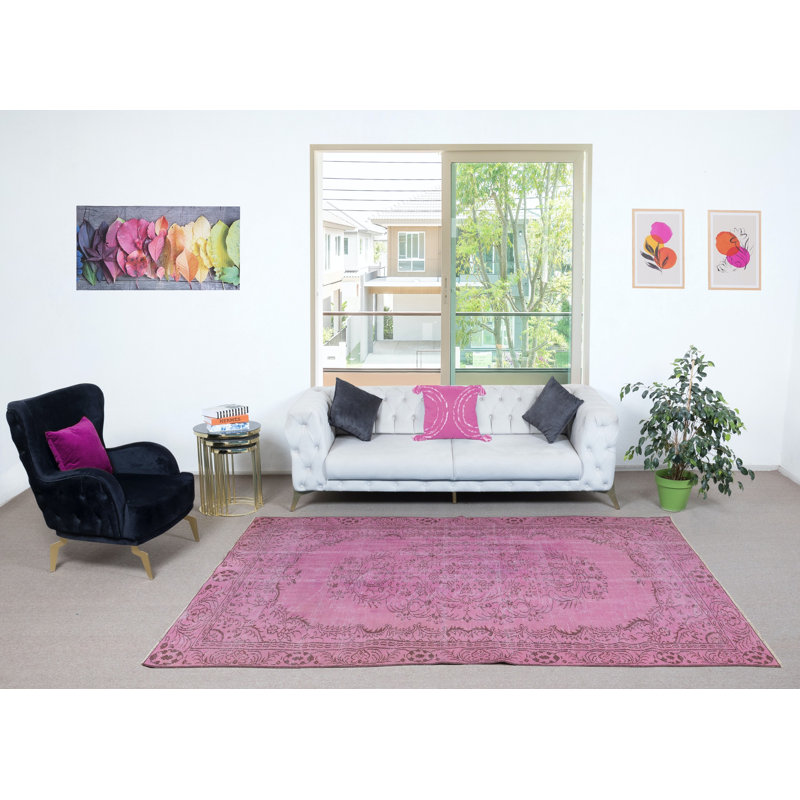 Tapis fait à la main pour chambre d'enfant 5,5 x 9,4 pi. Tapis de salon rose moderne