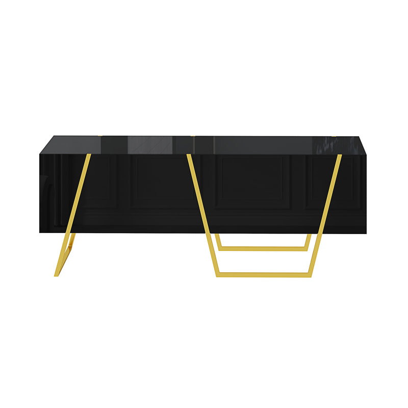 Table basse rectangulaire moderne ultrabrillante pour le salon avec rangement et base dorée (table incluse seulement)