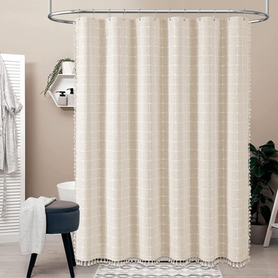 Boho Farmhouse Shower Curtain Set With Tassel - Linen Rustic Heavy Duty Fabric, Water Repellent, Modern Bohemian French Country Thick Bathroom Shower Curtains - Cream/Beige, 72X72