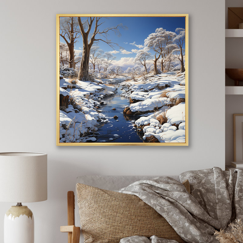 «Winter River Natures Fountain», reproduction sur toile, Cadre flottant doré, H 16 po x l 16 po x P 1 po
