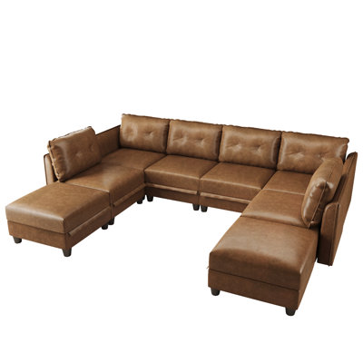 Canapé modulaire modulaire avec rangement, similicuir brun moderne, méridienne réversible, canapé en forme de U pour le salon, imperméable et facile à nettoyer, 6 sièges avec 2 repose-pieds