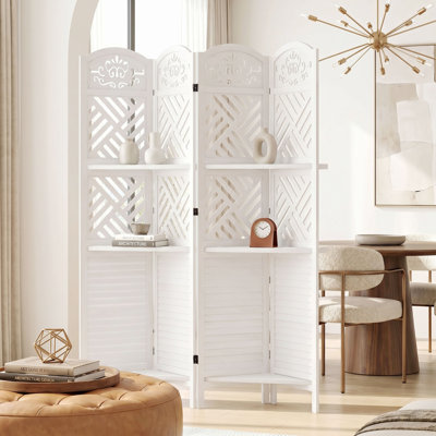 Wood Carved Room Divider with Shelves – Louvered Folding Partition Screen