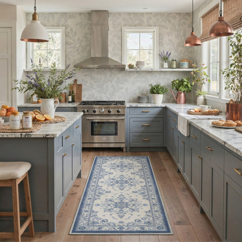 Floria Floral Machine Washable Powder Blue Indoor Area Rug with Non-Slip Backing, Runner 2' x 6'
