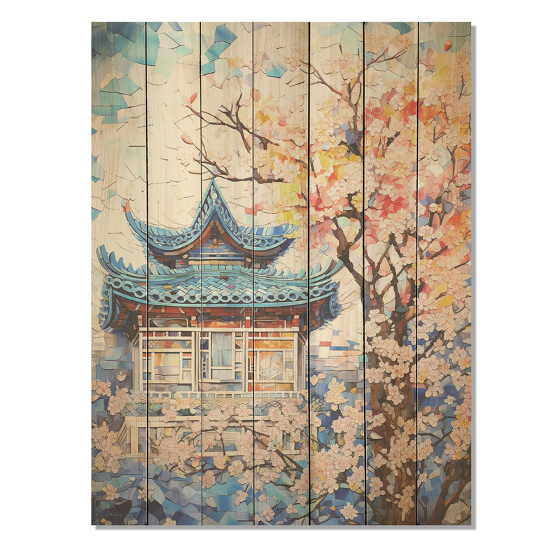 «Blue Japon Blooming Tree Landscape», art asiatique sur bois, H 40 po x l 30 po