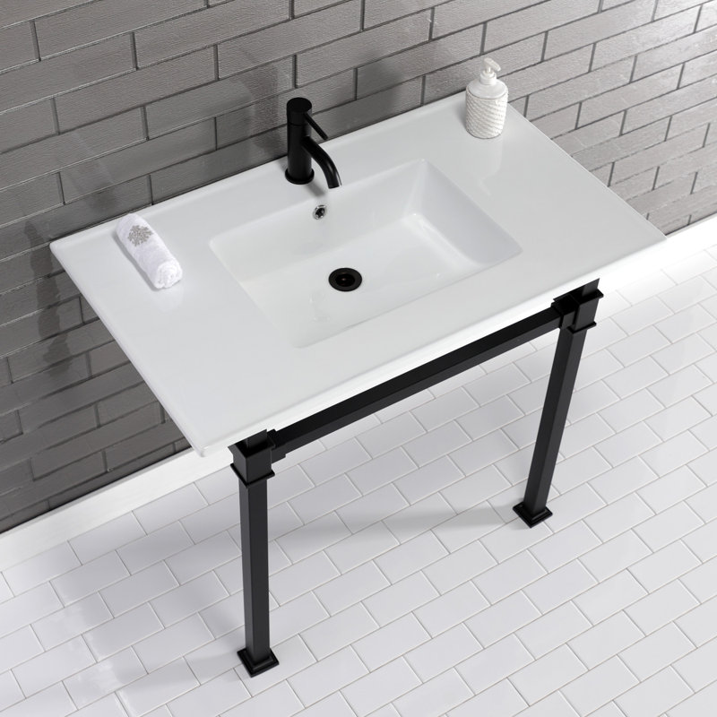 Kingston Brass Monarch 37-Inch Ceramic Console Sink with Stainless Steel Legs (1-Hole), White/Matte Black