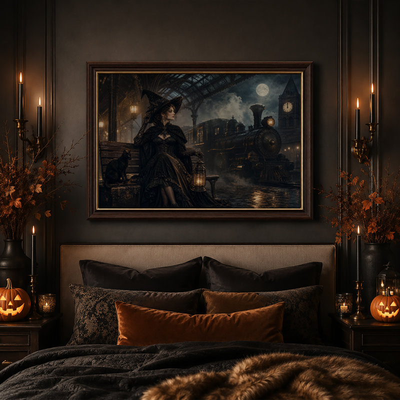 Femme sorcière gothique à la gare de train à vapeur au clair de lune - Toile murale d'Halloween, 12"H x 18"W