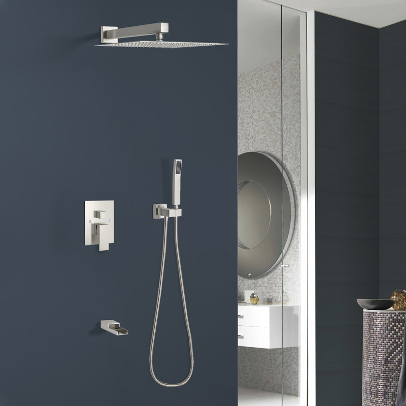 Topcraft 10-Inch Wall Mounted Square Shower System With Rough-In Valve & Tub Spout, Brushed Nickel