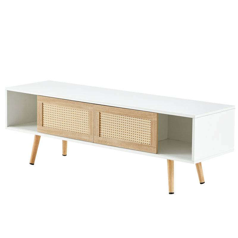 55.12" Rattan TV Cabinet, Double Sliding Doors For Storage,  Adjustable Shelf, Solid Wood Legs, TV Console For Living Room , White