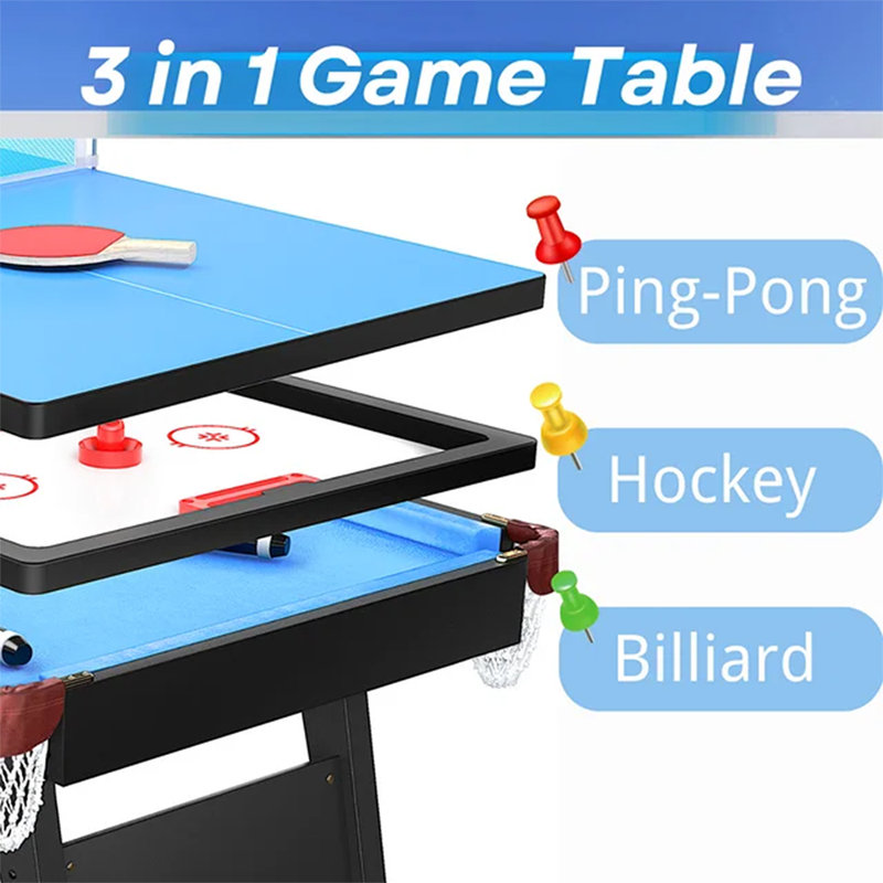 3 in 1 Billiard Table, 65.75" Multi Game Table Includes Billiard Accessories and Tennis Paddles, Blue